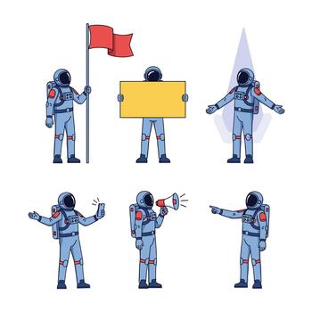 Astronauts in space suits engaged in various activities and holding objects. vector