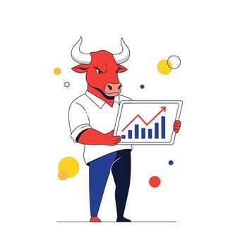 A bull character enthusiastically presenting a stock market growth chart with positive trend arrows and bar graphs indicating upward financial progress. vector