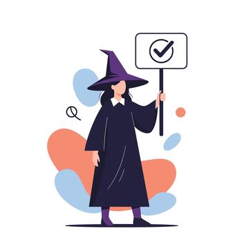 A witch in a pointed hat holding a sign with a checkmark indicating success or a completed task. vector