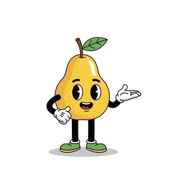 A cheerful cartoon pear character with a retro animation style stands with its arm outstretched. vector