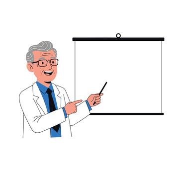 A smiling senior doctor in a white coat points to a blank presentation screen with a pointer. vector