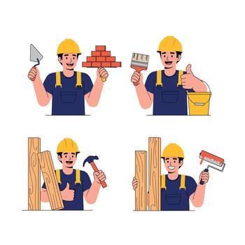 Construction workers engaged in various building and renovation tasks showing tools and materials for their work. vector