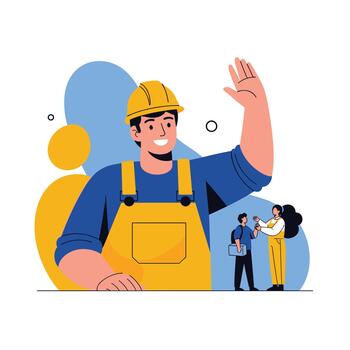 A friendly construction worker in a yellow hard hat and overalls waves hello to the viewer. vector