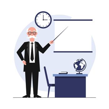 An experienced professor in a suit points at a whiteboard during a lesson. vector