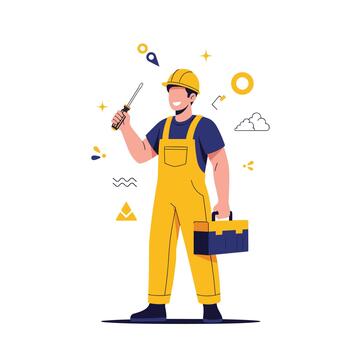 A skilled construction worker holding a screwdriver and toolbox ready for a building project. vector