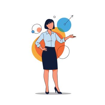 A woman in business attire presenting data points and charts with a confident gesture. vector