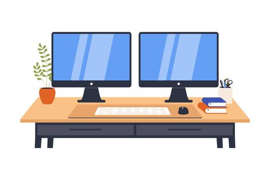 Dual monitor workspace on a desk vector
