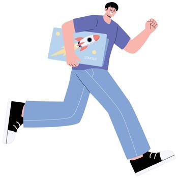 Young founder running fast while holding startup pitch deck, symbolizing urgency, hustle and opportunity chase. vector