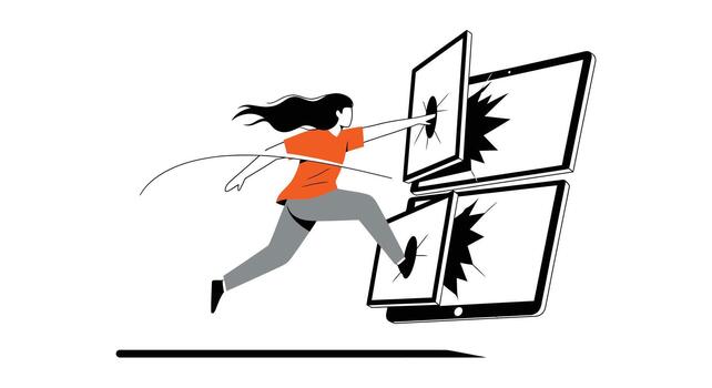 mujer rotura mediante computadora pantallas, simbolizando superar digital obstáculos y tecnológico retos vector