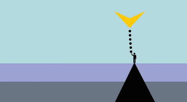 silueta de un persona en pie en un negro pirámide alcanzando para un amarillo flecha símbolo con un punteado línea, simbolizando ambición y metas vector