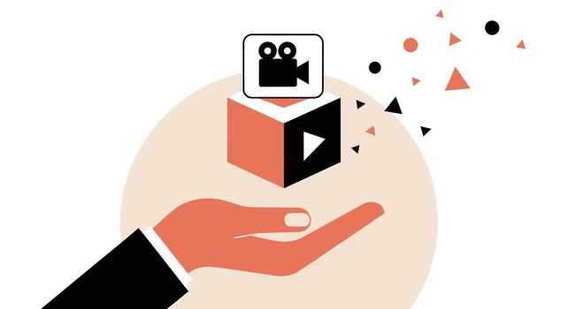 A Hand holding a cube with camera and play icons vector