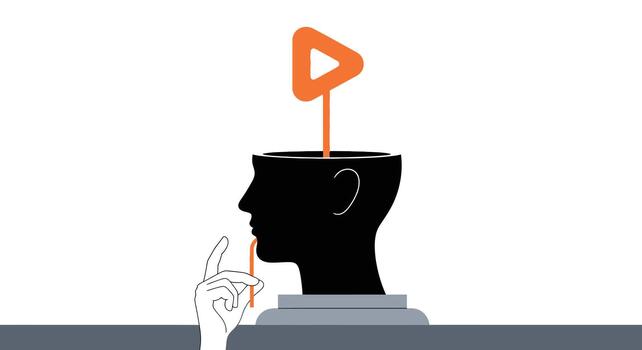 Silhouette of a head with an open top, a hand touching chin, and an orange play button icon emerging, representing contemplation and new ideas vector