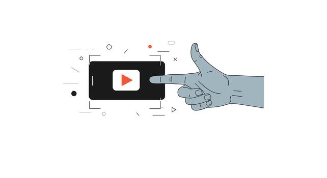 Finger pointing at youtube play button on smartphone screen with abstract elements vector