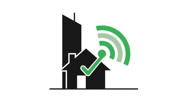 negro y blanco gráfico icono representando un casa con un Wifi señal y un marca de verificación, simbolizando inteligente hogar o seguro Internet conexión vector