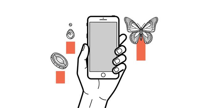 Hand holding a smartphone with icons of a butterfly, coin, and abstract shapes vector