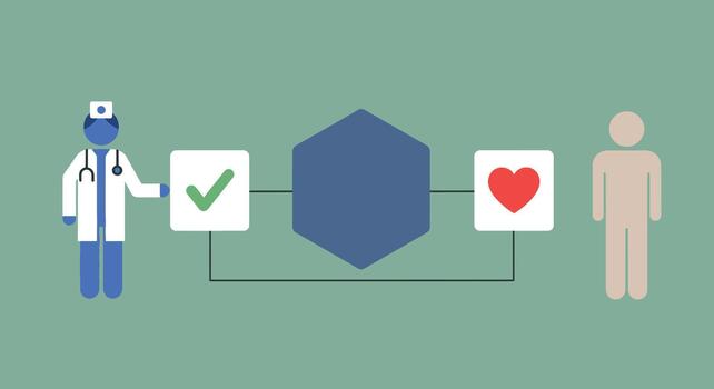 médico con estetoscopio y marca de verificación, conectando a paciente con corazón icono mediante un central elemento, representando cuidado de la salud proceso vector