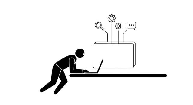 persona trabajando en ordenador portátil con digital interfaz elementos me gusta engranajes y buscar icono vector