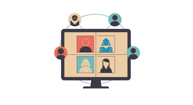 en línea reunión con cuatro Participantes en conferencia llamada en computadora pantalla vector