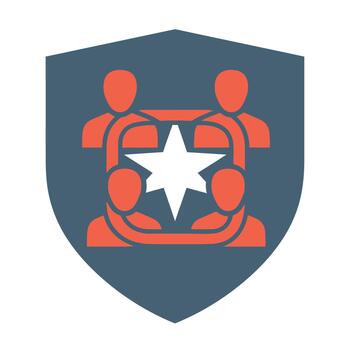 Shield emblem with four figures forming a circle around a star, representing unity, teamwork, and shared success or protection vector