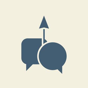 Two blue speech bubbles with an upward arrow connecting them, symbolizing communication and progress vector