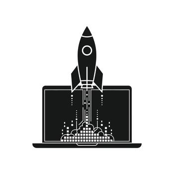 un cohete lanzamiento desde un ordenador portátil pantalla, simbolizando un nuevo proyecto lanzamiento, puesta en marcha éxito, y digital innovación en tecnología vector