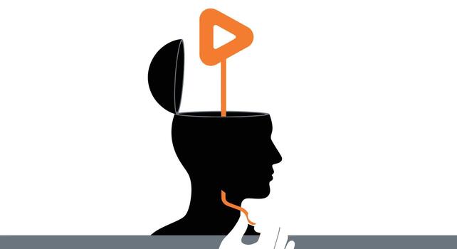 Open head silhouette with a hand pulling out an orange play button icon, symbolizing ideas and creativity vector