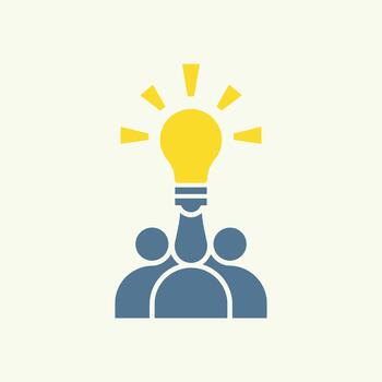 Tres azul cifras debajo un brillante amarillo bombilla, significando trabajo en equipo y innovador idea Generacion vector