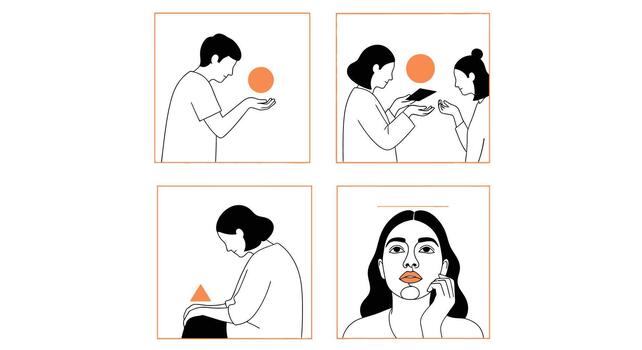 cuatro panel ilustración demostración resumen conceptos de conexión, interacción, y autorreflexión con minimalista línea Arte y naranja acentos vector