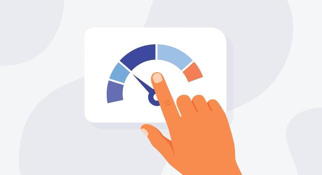 un dedo señalando a un velocímetro indicador, indicando velocidad, actuación, o Progreso medición vector
