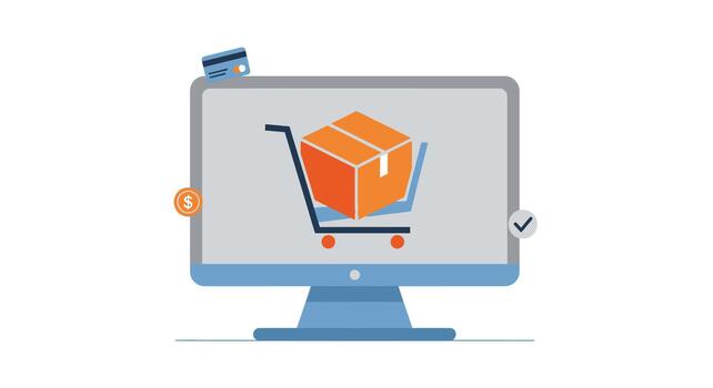 Computer monitor displaying a shopping cart with a box inside, illustrating online shopping and ecommerce vector