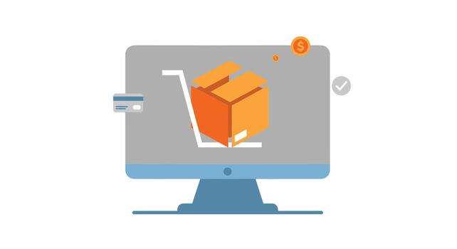 en línea compras carro con un paquete en un computadora pantalla vector