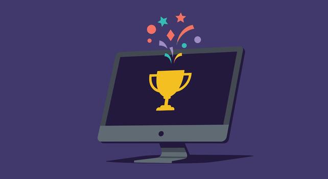 un computadora pantalla muestra un dorado trofeo con vistoso papel picado muy lleno afuera, simbolizando digital logro y en línea éxito vector