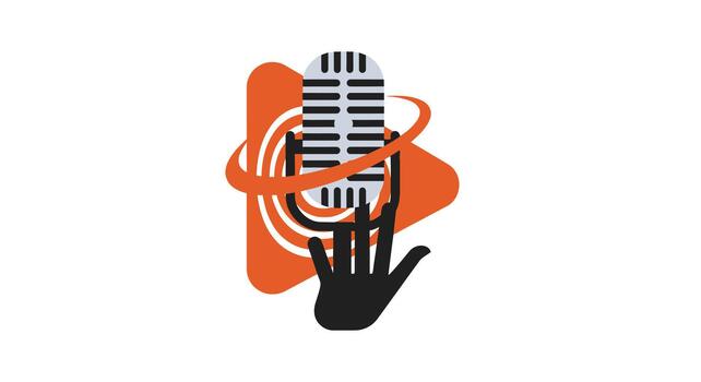 micrófono con un jugar botón y un mano vector