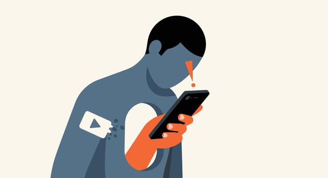 un personas cofre cavidad es abierto, demostración un teléfono inteligente en mano, con un jugar botón icono y un lágrima que cae desde el ojo vector