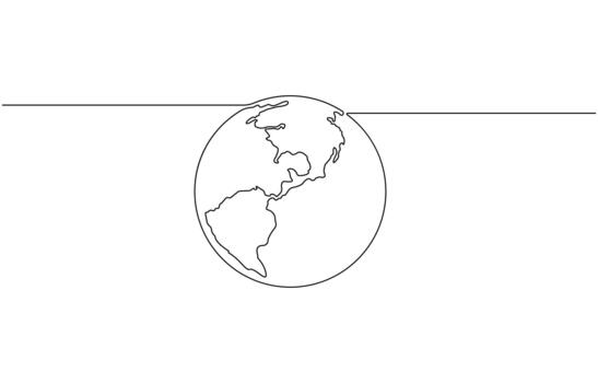 Continuous one line drawing of earth planet, Globe, geography outline, Single line illustration of world map icon vector