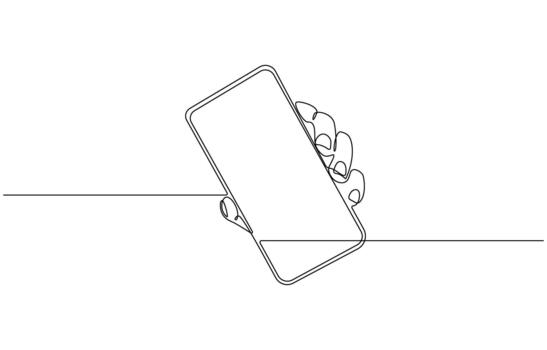 Continuous line drawing of hands holding a smartphone in a modern minimalistic style symbol vector