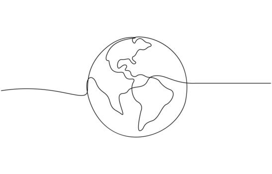 Continuous one line drawing of earth planet, Globe, geography outline, Single line illustration of world map symbol vector