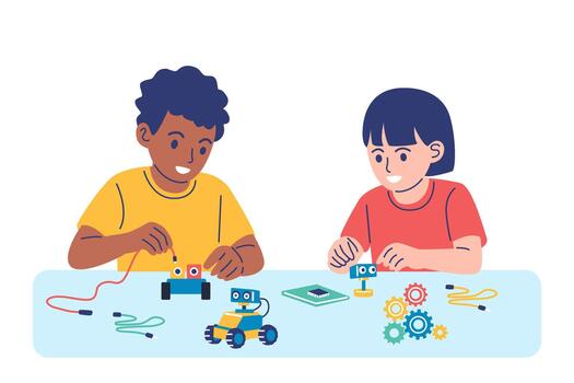 Diverse children working together to build and program small robots vector