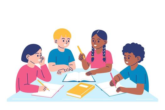 Group of diverse children studying and working together at a table vector
