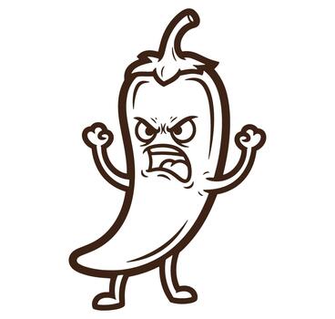 Angry chili pepper cartoon character with raised fists and fiery expression in outline style vector
