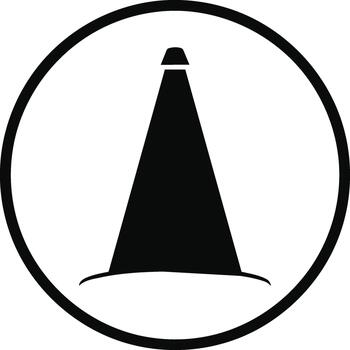 Black and white minimalist icon of a traffic cone in a circular frame, symbolizing caution and construction. vector