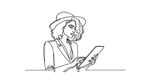 continuous line drawing of a woman in a hat and jacket using a tablet computer vector