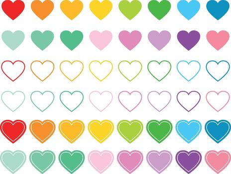 Assorted colorful hearts arranged in rows on a white background creating a vibrant and playful pattern vector