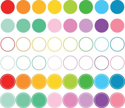 Rows of colorful circles with solid fill and outline on a white background in a pattern design vector