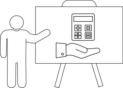 Line drawing presenter by easel with calculator and hand display on whiteboard vector