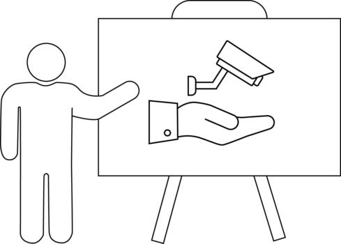 A simplified figure points to a whiteboard displaying a hand holding a surveillance camera vector
