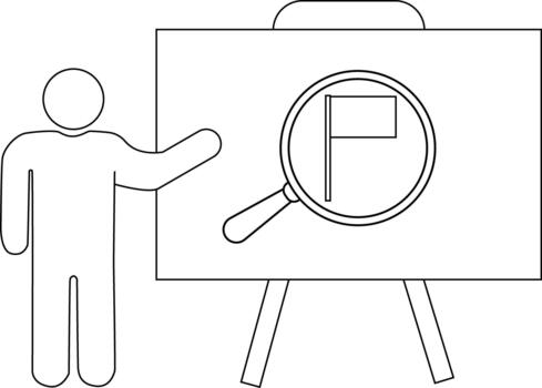 A person gestures towards a whiteboard showcasing a magnifying glass over a flag The board is supported by a simple easel vector