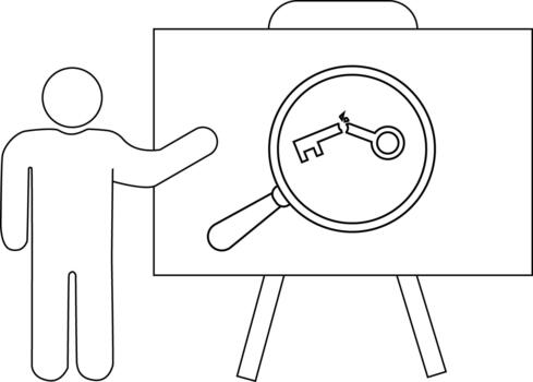 Stick figure pointing at a whiteboard displaying a broken key under a magnifying glass on an easel vector