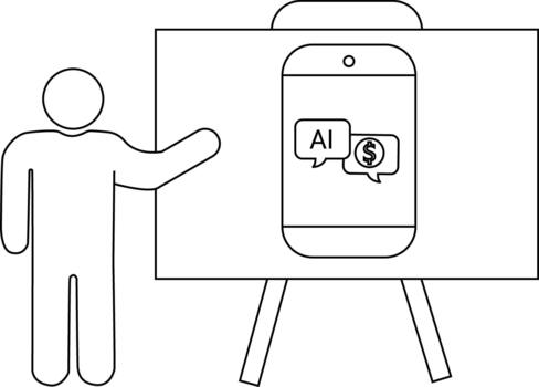 Stickfigure points to a whiteboard with phone showing AI and chat bubbles on an easel vector