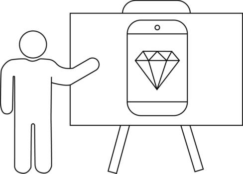 Line drawing of a person gesturing to a presentation board displaying a smartphone with a diamond graphic vector